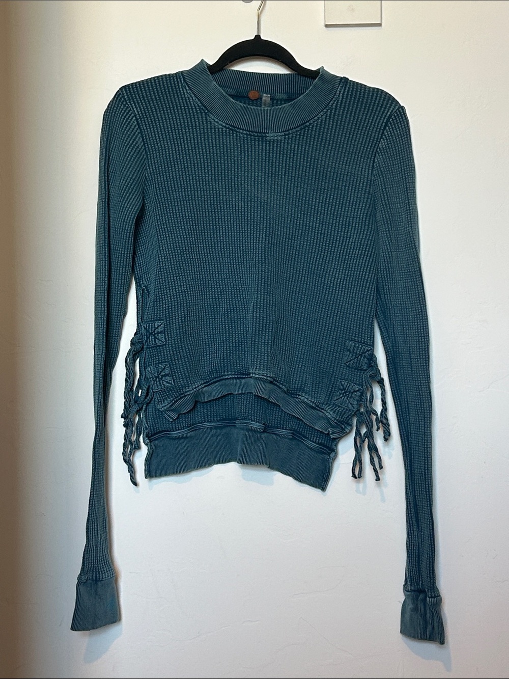 Free People Teal Waffle-Knit Side Tie Pullover Sweater Henley